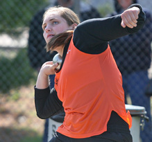 Deanna Dirkschneider throws the shot at the 2008 Bergan Invite